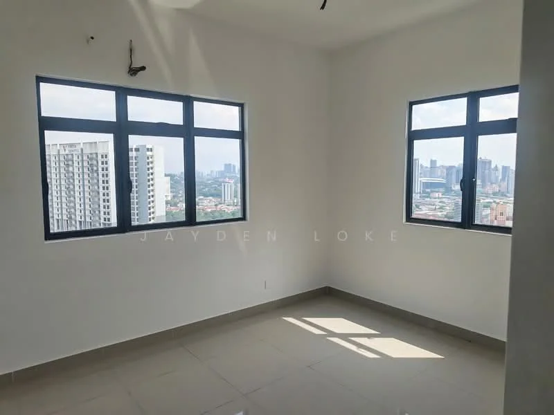 Room features: white painted walls, floor-to-ceiling windows, grey tiled flooring, city view, natural light from windows; style: modern; view: city.