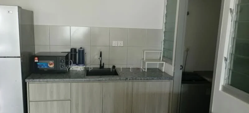 Kitchen features: stainless-steel fridge, built-in microwave, single-bowl stainless-steel sink, chrome pull-down faucet, grey granite countertop, light wood cabinetry, tile backsplash, washing machine, wall-mounted cabinets, open shelving; style: modern.