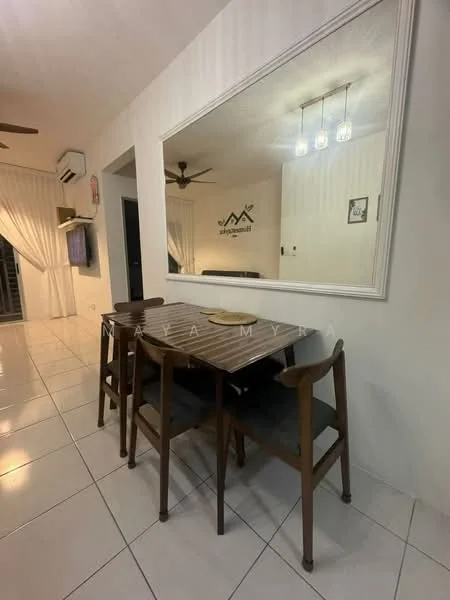 Dining features: 4-seater wooden dining table, dark wood dining chairs, white walls, tile flooring, mirror on wall, 3 pendant lights, ceiling fan, curtains, wall-mounted TV visible in background, open layout to living area; style: modern.