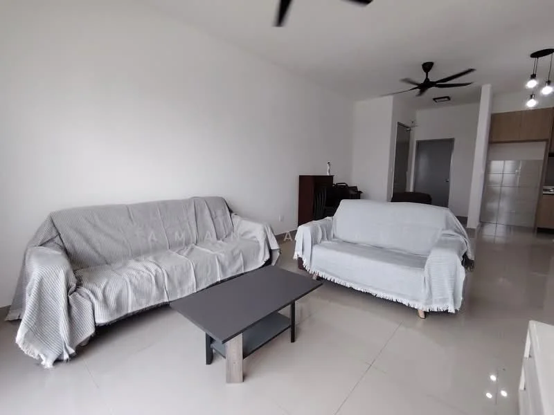 Living features: 2 fabric sofas in grey with throws, black coffee table, polished ceramic tile flooring, white painted walls, ceiling fan, recessed LED downlights, open layout to kitchen, natural light from windows; style: modern.