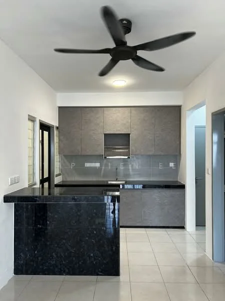Kitchen features: black granite countertop, grey cabinetry, built-in oven, stainless-steel sink, chrome pull-down faucet, ceramic tile flooring, 5-blade ceiling fan with light, glass backsplash, open layout, window for natural light, recessed ceiling light; style: modern.