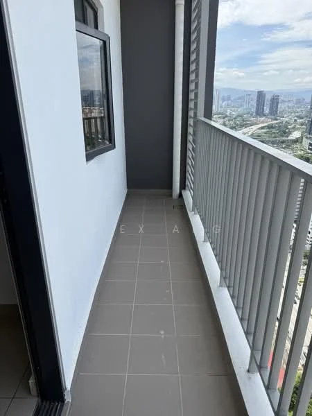 Room features: grey painted walls, white painted walls, tiled flooring, balcony railing, city view, floor-to-ceiling windows; style: modern; view: city.