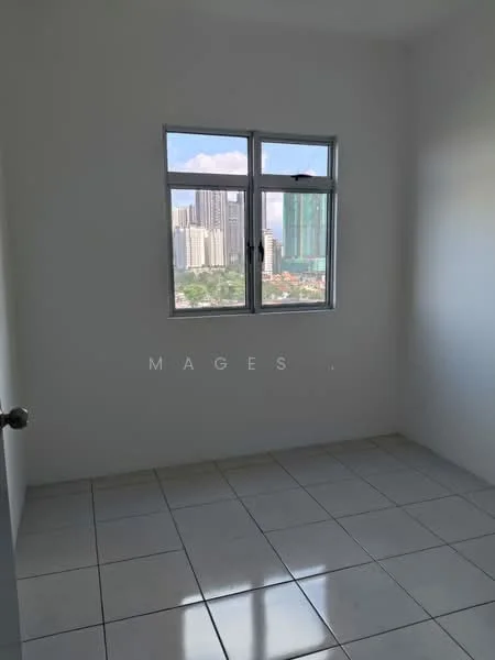Room features: white painted walls, tile flooring, floor-to-ceiling window, city view; view: city.