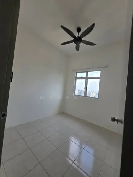 Room features: white painted walls, tile flooring, 5-blade ceiling fan, floor-to-ceiling windows, city view; view: city.