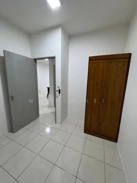 Room features: white painted walls, glossy white floor tiles, wooden wardrobe, single grey door, door frame, recessed ceiling lights; style: modern.