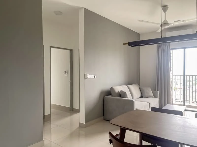 Living features: grey painted walls, white ceiling, 5-blade ceiling fan, sofa in light grey fabric, dining table with wooden surface, dining chairs, floor-to-ceiling windows, curtains, tile flooring; style: modern; view: city. Room features: white walls, doorway leading to hallway.