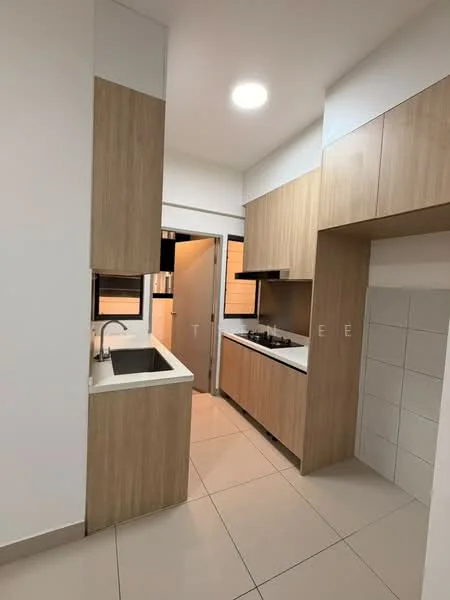 Kitchen features: single-bowl stainless-steel sink, chrome pull-down faucet, laminate cabinetry in light wood finish, white countertop, built-in gas stove, tile backsplash, ceramic tile flooring, recessed ceiling lights; style: modern.