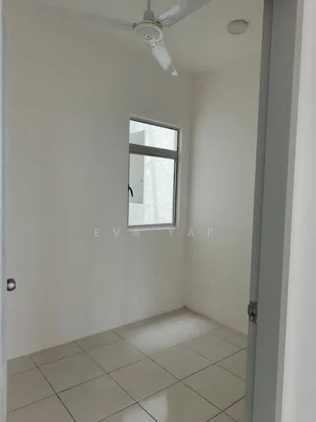 Room features: white painted walls, tile flooring, single window, ceiling fan.