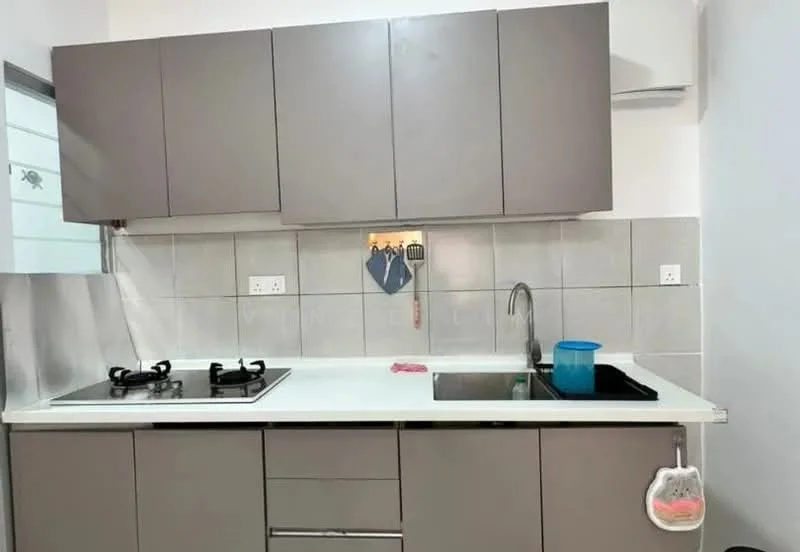 Kitchen features: grey flat-panel cabinetry, white quartz countertop, single-bowl stainless-steel sink, chrome pull-down faucet, built-in gas hob with 2 burners, wall-mounted exhaust hood, grey tiled backsplash, ceramic tile flooring, kitchen utensils hanging on wall, blue plastic container, pink cloth on countertop; style: modern.
