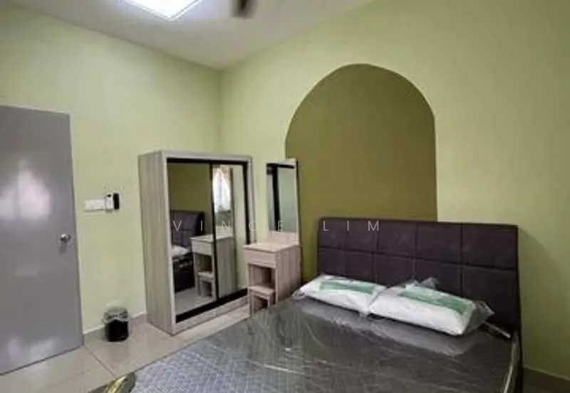 Bedroom features: green painted walls, tile flooring, king-size bed with upholstered headboard, 2 pillows on bed, wooden bedside table, mirror on dressing table, built-in wardrobe, window with natural light, ceiling light fixture; style: modern.