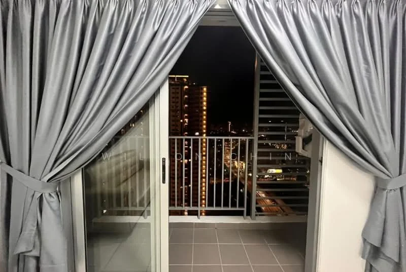 Room features: sliding glass door, grey curtains, balcony with railing, tile flooring, city skyline view; view: city.