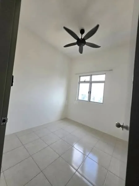 Room features: white painted walls, glossy ceramic tile flooring, 5-blade ceiling fan, two casement windows, natural light from windows, neutral color scheme, no visible furniture, clean and minimalistic design; style: minimalist; view: city.