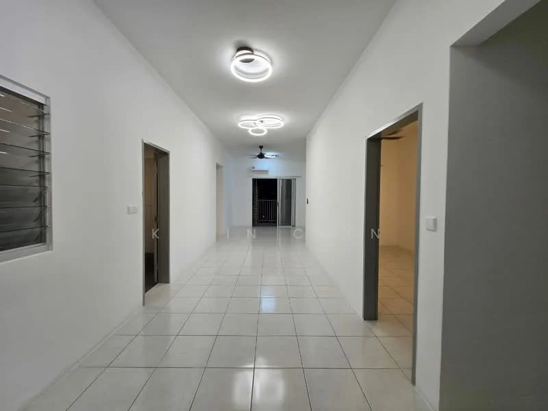 Hallway features: white painted walls, glossy white tile flooring, recessed ceiling lights, ceiling fan, multiple doorways, large windows, neutral color scheme; style: modern.