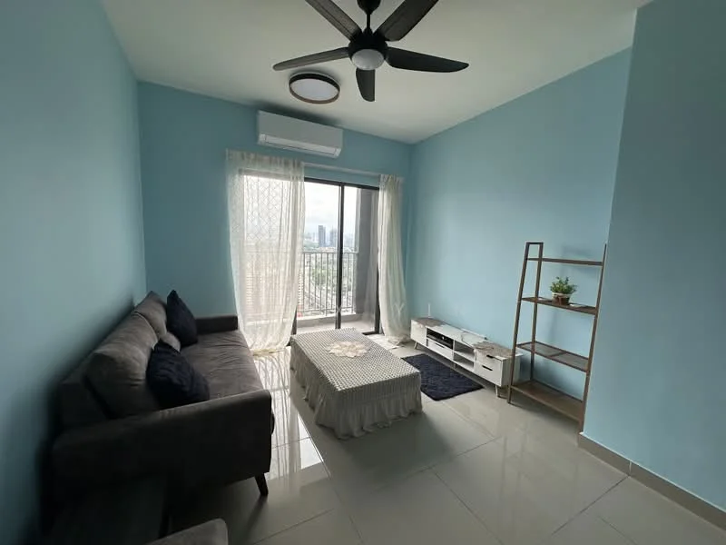 Living features: light blue painted walls, grey fabric sofa, coffee table with white tablecloth, area rug in dark blue, floor-to-ceiling sliding glass door, sheer curtains, wall-mounted air conditioning unit, ceiling fan with light, open shelving unit, decorative plant on shelf, tile flooring; style: modern; view: city.