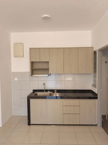 Kitchen features: laminate cabinetry in light wood finish, black granite countertop, single-bowl stainless-steel sink, chrome pull-down faucet, white tiled backsplash, ceramic tile flooring, built-in upper cabinets, under-cabinet lighting, wall-mounted ventilation unit, open shelving above sink; style: modern.