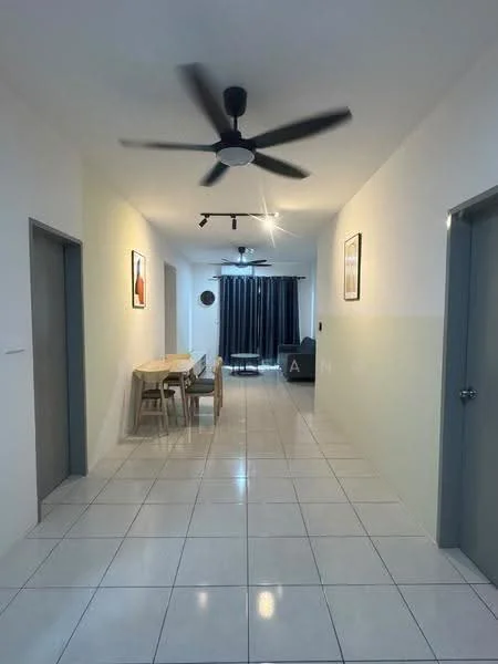 Room features: white painted walls, ceramic tile flooring, 5-blade ceiling fan, track lighting, dining table, 4 dining chairs, floor-to-ceiling windows with curtains, sofa, decorative wall art; style: modern.