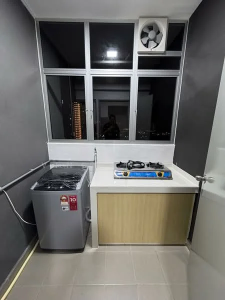 Kitchen features: grey painted walls, white countertop, wood cabinetry, 2-burner gas hob, stainless-steel washing machine, floor-to-ceiling windows, tile flooring, exhaust fan; style: modern; view: city.