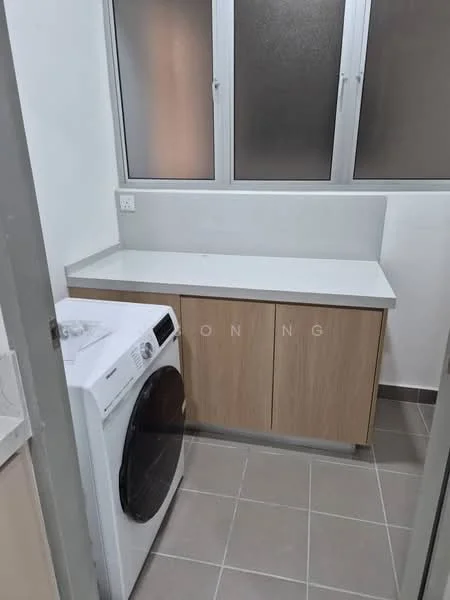 Laundry features: white front-load washing machine, light wood cabinetry, grey countertop, grey tiled flooring, frosted glass windows, wall-mounted electrical outlet, neutral wall paint; style: modern.