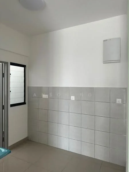 Room features: white painted walls, grey tiled wall, light grey floor tiles, wall-mounted air conditioning unit, window with black frame, electrical outlets, light fixture on ceiling; style: modern.