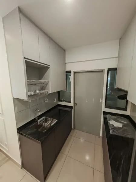 Kitchen features: black granite countertop, single-bowl stainless-steel sink, chrome pull-down faucet, white upper cabinets, dark lower cabinets, tile flooring, recessed downlights, two windows, door leading to another room; style: modern.