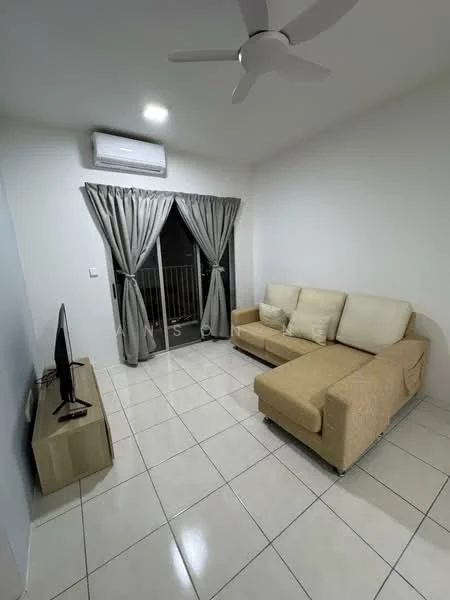 Living features: 3-seater fabric sofa in beige, flat-screen TV on stand, light-colored wooden TV console, white painted walls, glossy white tile flooring, 5-blade ceiling fan, floor-to-ceiling sliding glass door, grey curtains, air conditioning unit on wall; style: modern.
