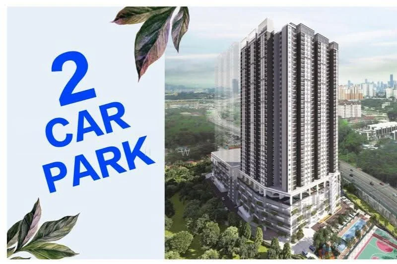 Exterior type: high-rise condominium; features: glass curtain wall, projecting balconies, swimming pool deck, landscaped garden, manicured lawn, surrounded by mature greenery, 2 car parks visible, urban context with city skyline in background; style: modern.