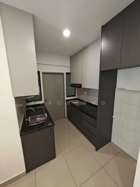 Kitchen features: black granite countertop, white upper cabinets, dark grey lower cabinets, stainless-steel sink, chrome pull-down faucet, built-in oven, ceramic tile flooring, recessed downlights, wall-mounted range hood, white tiled backsplash, sliding door, window for natural light; style: modern.