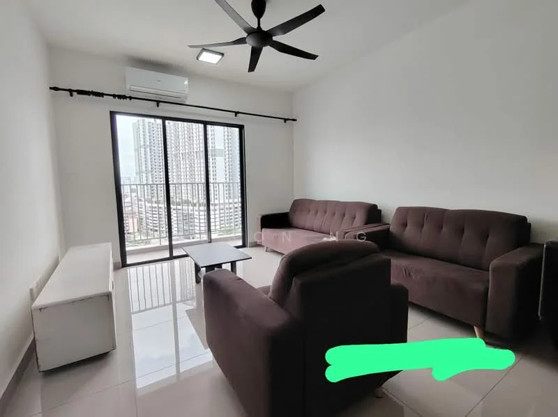 Living features: 3-seater fabric sofa in dark brown, 2-seater fabric sofa in dark brown, armchair in dark brown, coffee table, floor-to-ceiling windows, city view, white painted walls, polished ceramic tile flooring, ceiling fan with light, wall-mounted air conditioning unit, curtains; style: modern; view: city.