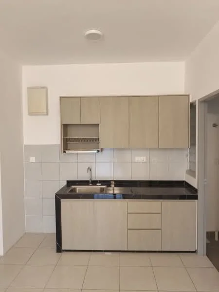 Kitchen features: laminate cabinetry in light wood finish, black granite countertop, single-bowl stainless-steel sink, chrome pull-down faucet, built-in wall cabinet with glass front, ceramic tile flooring, white tiled backsplash, recessed ceiling light; style: modern.