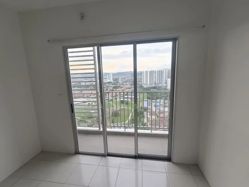 Room features: white painted walls, large sliding glass door, floor-to-ceiling windows, grey tiled flooring, balcony access, city view, roller blinds; style: modern; view: city.