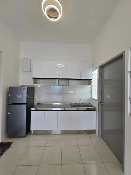 Kitchen features: white cabinetry, stainless-steel sink, chrome pull-down faucet, built-in oven, freestanding fridge, ceramic tile flooring, recessed downlights, window with blinds, countertop with backsplash, grey wall, open shelving; style: modern.