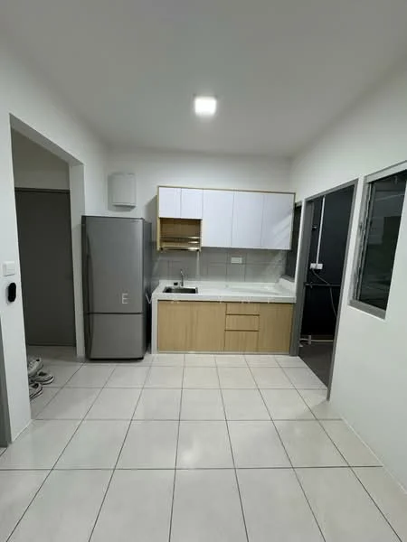Kitchen features: white painted walls, ceramic tile flooring, flat-panel white cabinets, wood grain lower cabinets, single-bowl stainless-steel sink, chrome pull-down faucet, built-in stove, stainless-steel fridge, countertop with backsplash, recessed ceiling lights; style: modern. Room features: doorway leading to another room, window with no visible treatment.
