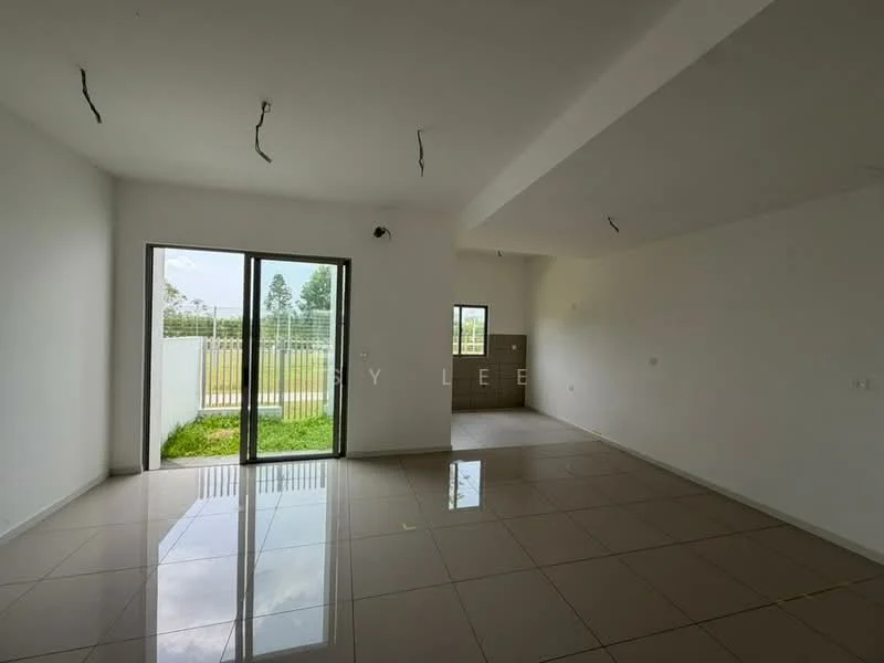 Room features: white painted walls, glossy ceramic tile flooring, floor-to-ceiling sliding glass door, large window, exposed ceiling wiring, natural light from windows, open layout, view of outdoor greenery; style: modern; view: garden.