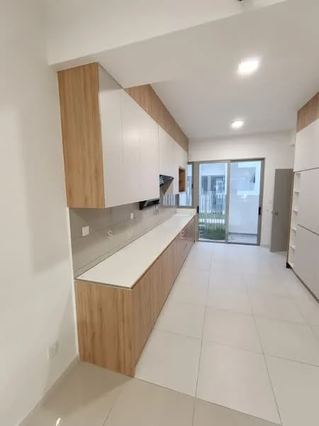 Kitchen features: white cabinetry with wood accents, quartz countertop, built-in oven, stainless-steel range hood, sliding glass door, floor-to-ceiling windows, light-colored tile flooring, recessed downlights; style: modern; view: garden.