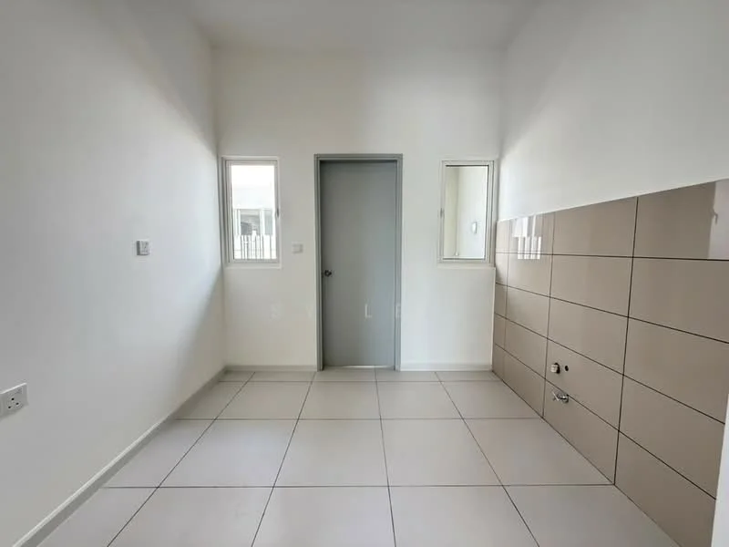 Room features: white painted walls, light grey door, two small windows, tile flooring, neutral colour scheme, wall-mounted fixtures, minimalist design; style: modern.