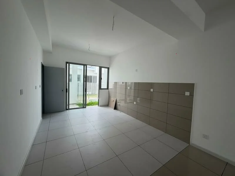 Room features: white painted walls, tile flooring, floor-to-ceiling windows, sliding glass door, grey tiled backsplash, open layout, no visible appliances, no visible furniture; style: modern; view: garden.