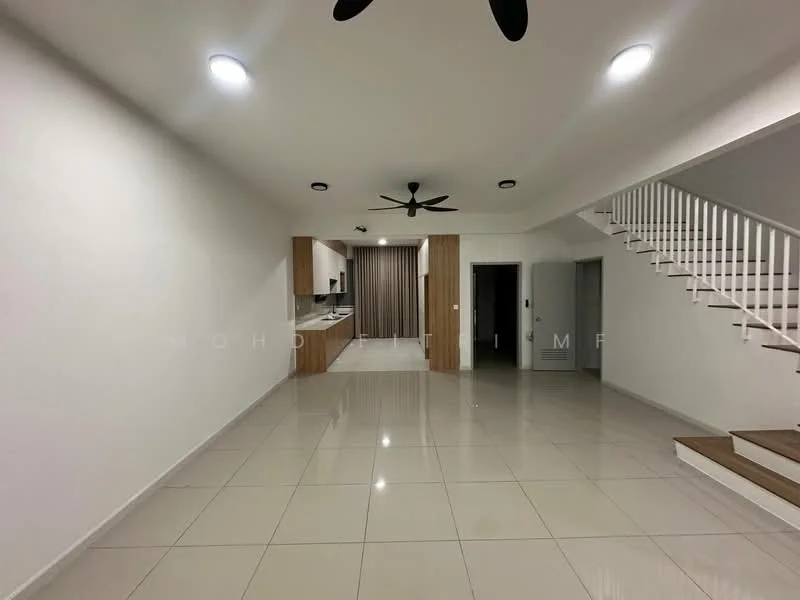 Living features: white painted walls, glossy ceramic tile flooring, 5-blade ceiling fan with light, recessed downlights, open layout, staircase with wooden steps, kitchen area visible in background, curtains on windows, neutral color scheme; style: modern.