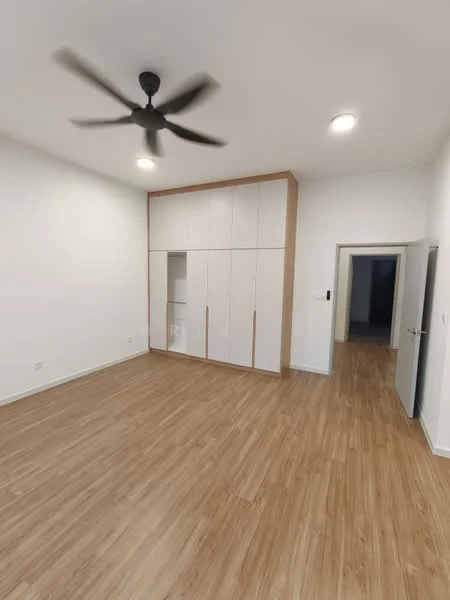 Room features: light wood laminate flooring, white painted walls, ceiling fan with light, built-in wardrobe with white doors, recessed ceiling lights, doorway leading to another room; style: modern.