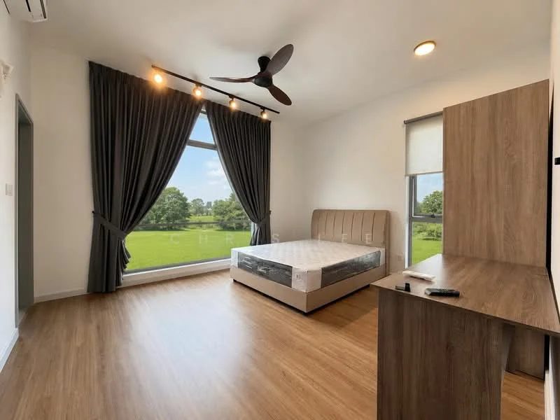 Bedroom features: king-size bed, upholstered headboard, floor-to-ceiling windows, blackout curtains, 5-blade ceiling fan, wooden flooring, wooden desk, natural light, view of greenery; style: modern; view: garden.
