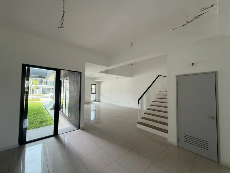 Living features: white painted walls, glossy ceramic tile flooring, large glass sliding door, staircase with white railing, recessed downlights, exposed ceiling wiring, open layout, natural light from windows, corner wall with door, neutral color scheme; style: modern; view: garden.