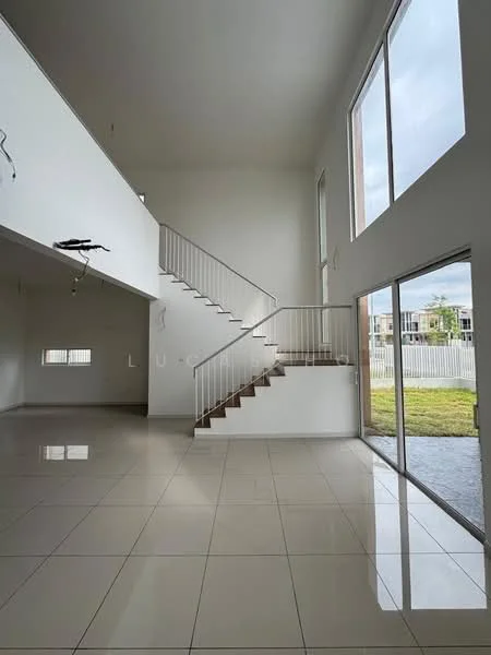 Room features: white painted walls, large floor-to-ceiling windows, staircase with metal railing, glossy tile flooring, high ceiling, natural light from windows, open space layout, sliding glass door leading to outdoor area; style: modern; view: garden.