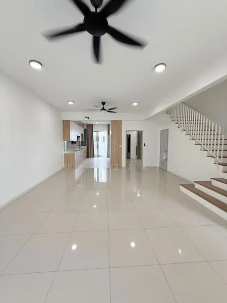 Living features: white painted walls, glossy ceramic tile flooring, recessed downlights, 2 ceiling fans, open-plan layout, sliding glass door, natural light from windows, staircase with wooden steps; style: modern. Kitchen features: kitchen cabinetry in light wood, countertop with space for appliances, open layout to living area; style: modern.