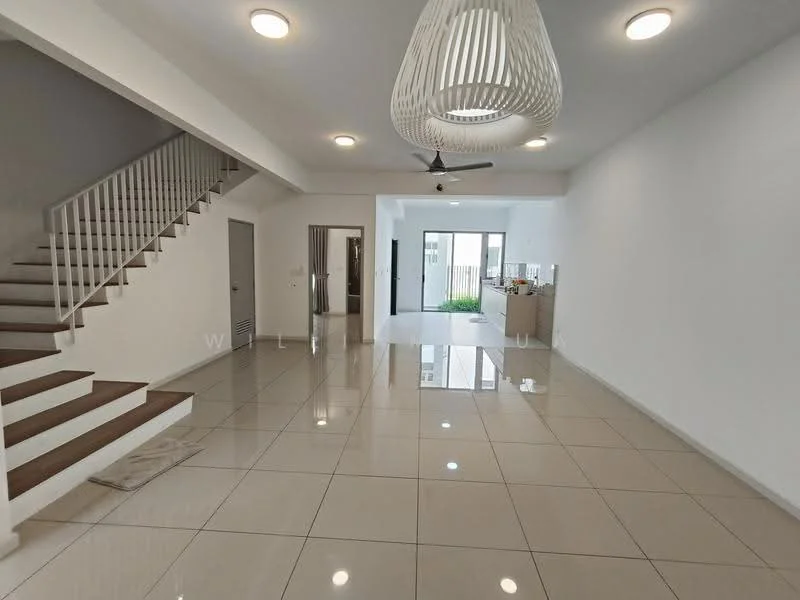 Living features: white painted walls, glossy ceramic tile flooring, 5-blade ceiling fan with light, recessed downlights, large sliding glass door, floor-to-ceiling windows, open layout, staircase with wooden steps, decorative pendant light, natural light from garden view; style: modern; view: garden.