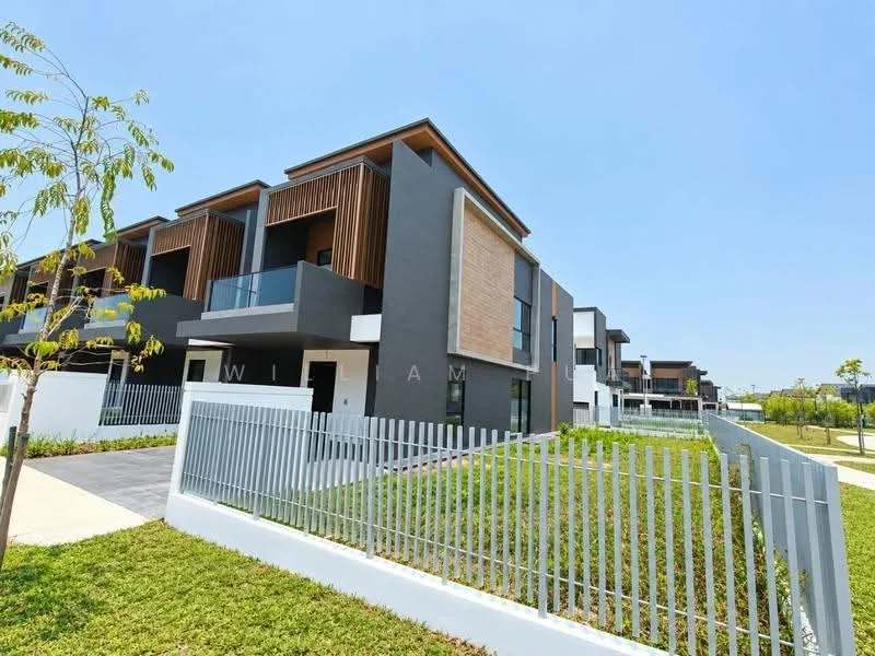 Exterior type: linked terrace house; features: grey painted facade, wooden accents on balconies, flat roof, manicured lawn, fenced yard with metal railing, paved walkway, multiple storeys, balconies with glass railings; style: modern.