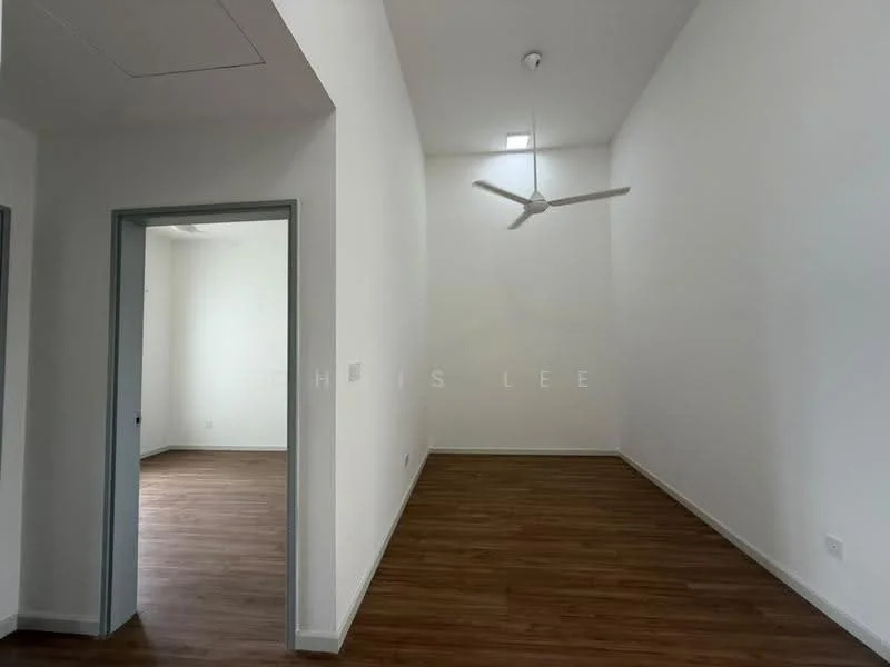 Room features: white painted walls, wooden flooring, 5-blade ceiling fan, high ceiling, doorway leading to another room, natural light from ceiling window; style: modern.