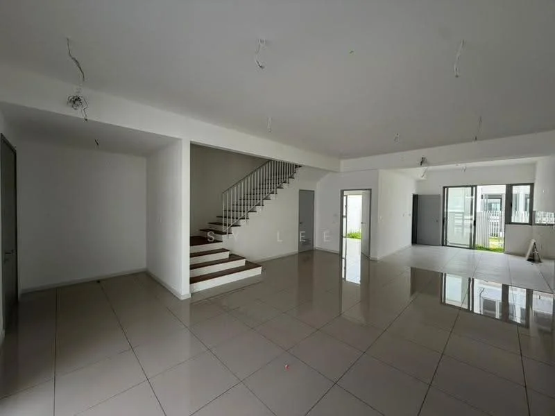 Room features: white painted walls, polished ceramic tile flooring, staircase with metal railing, large glass sliding doors, high ceiling, recessed ceiling lights, open layout, natural light from windows; style: modern; view: garden.