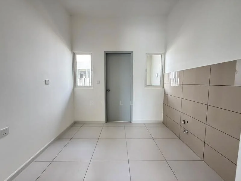 Room features: white painted walls, light grey door, two small windows, tile flooring, beige tiled wall, plumbing fixtures visible, minimalist design, neutral color palette; style: modern.