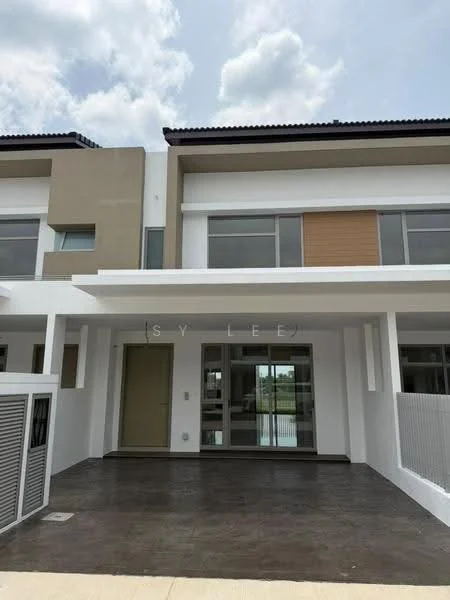 Exterior type: linked terrace house; features: two-storey structure, white painted facade, brown accent panels, large windows, covered porch area, concrete flooring, modern architectural design, flat roof, manicured landscaping in front, driveway, front entrance door, visible balcony on upper floor; style: modern.
