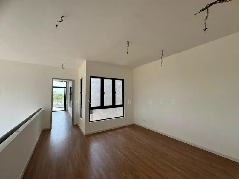 Room features: white painted walls, wooden flooring, large windows, ceiling with exposed wiring, open layout, natural light, neutral color scheme; style: modern; view: city.