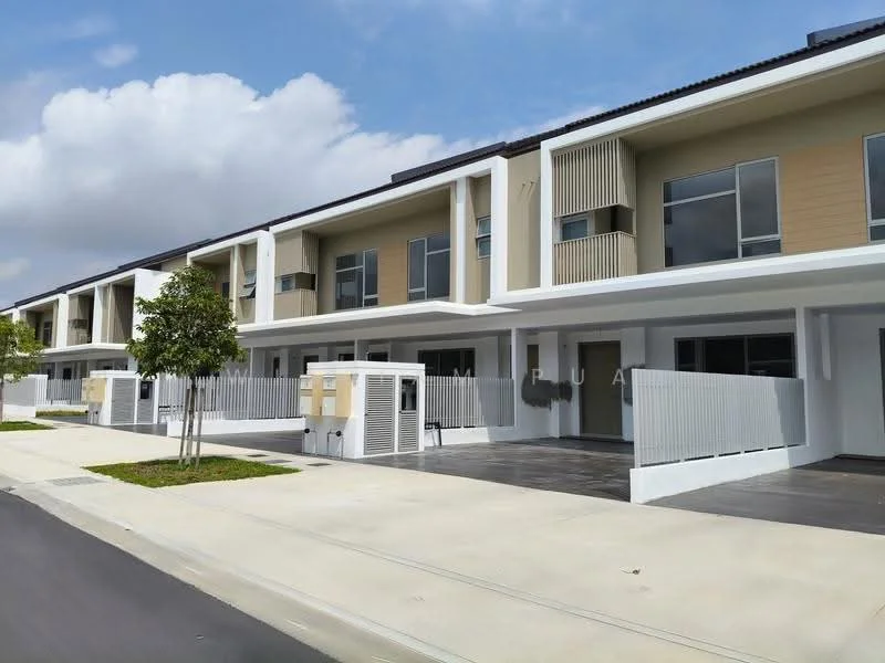 Exterior type: linked terrace house; features: two-storey building, cream painted facade, grey accent wall, large windows, balconies on upper floor, manicured lawn, paved walkway, air conditioning units visible, modern architectural design, gated front area; style: modern.